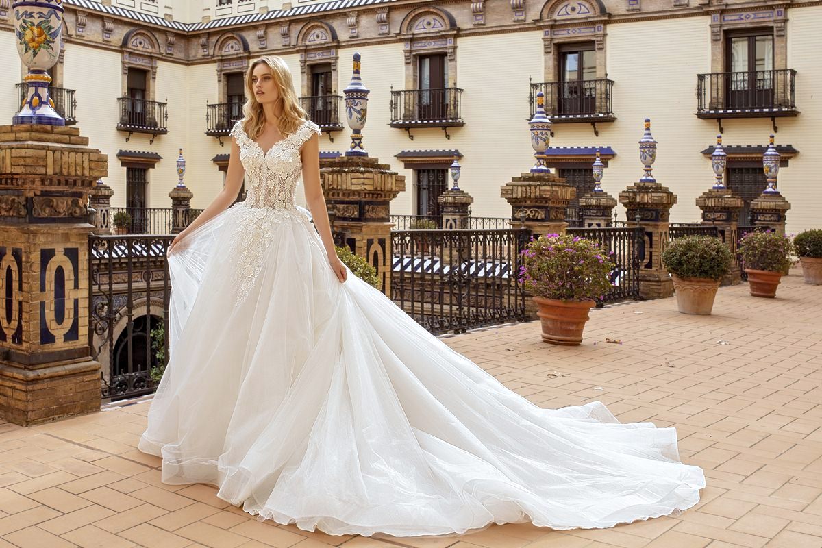 wedding dress ball gown with low back and long train